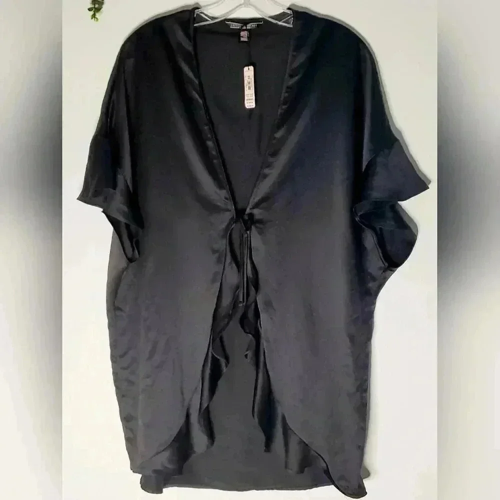 Victoria's Secret Black "Love" Lounge Robe front Tie Ruffle Sleeve Sati… - Picture 1 of 4